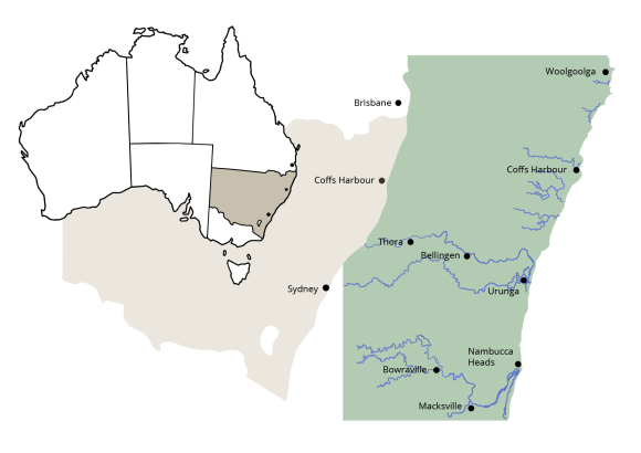 Area map locating the Macksville to Woolgoolga region in NSW, Australia